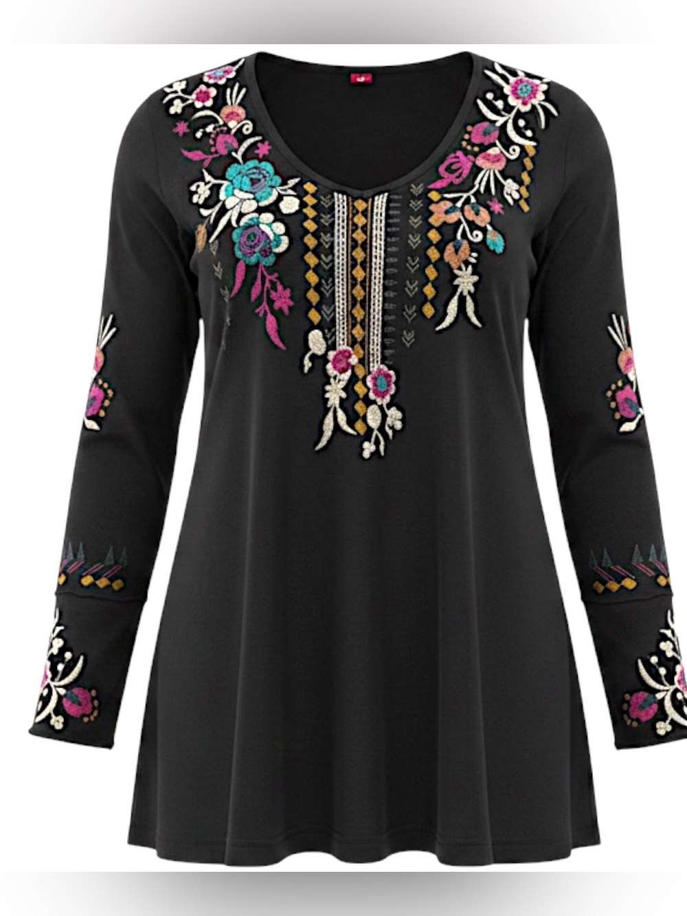 Johnny Was Tinasha Embroidered Boho Top Black S